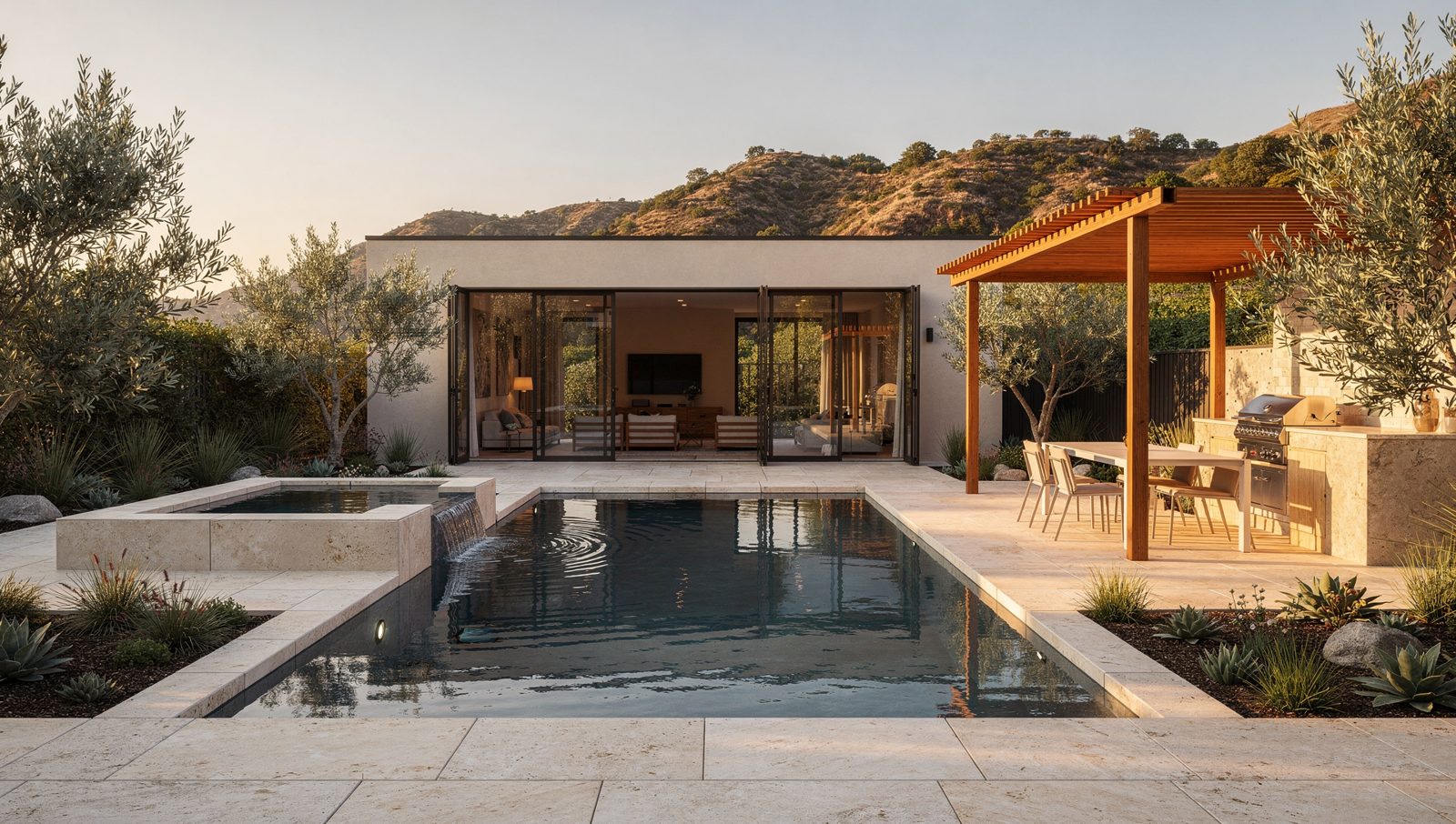 Photoreal 3D rendering of a San Diego outdoor living space with pool, patio, and pergola at golden hour