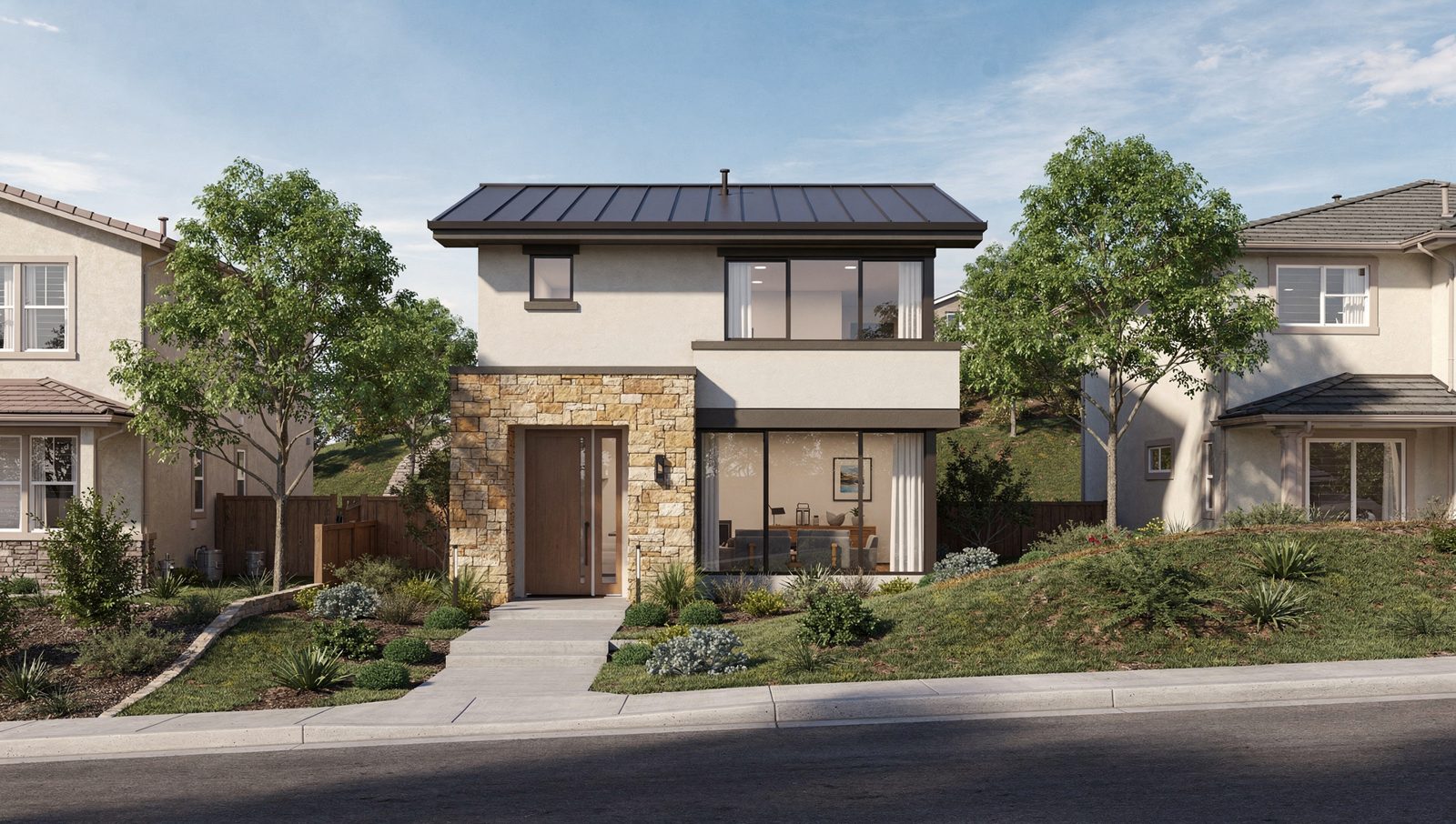 3D rendering of a proposed California hillside home shown in street context for design review submission