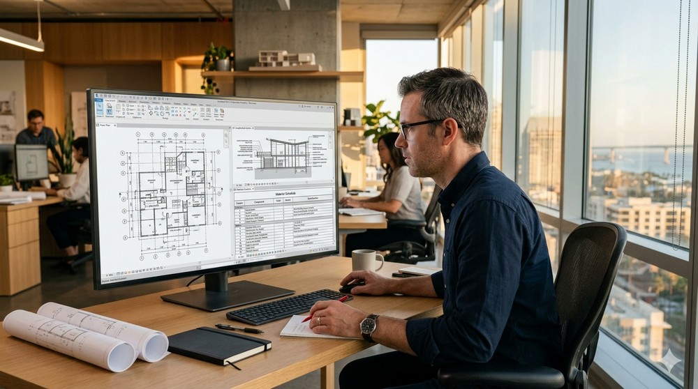 Licensed architect reviewing a BIM model with material schedules in Revit on a professional workstation