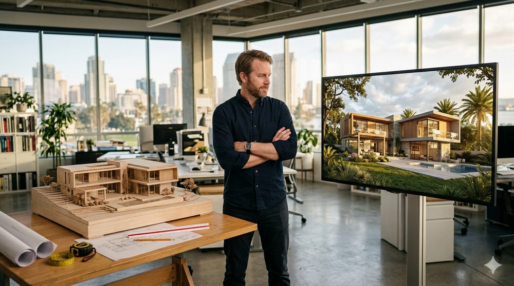 Architect comparing a physical architectural scale model with a photorealistic 3D rendering on a studio monitor
