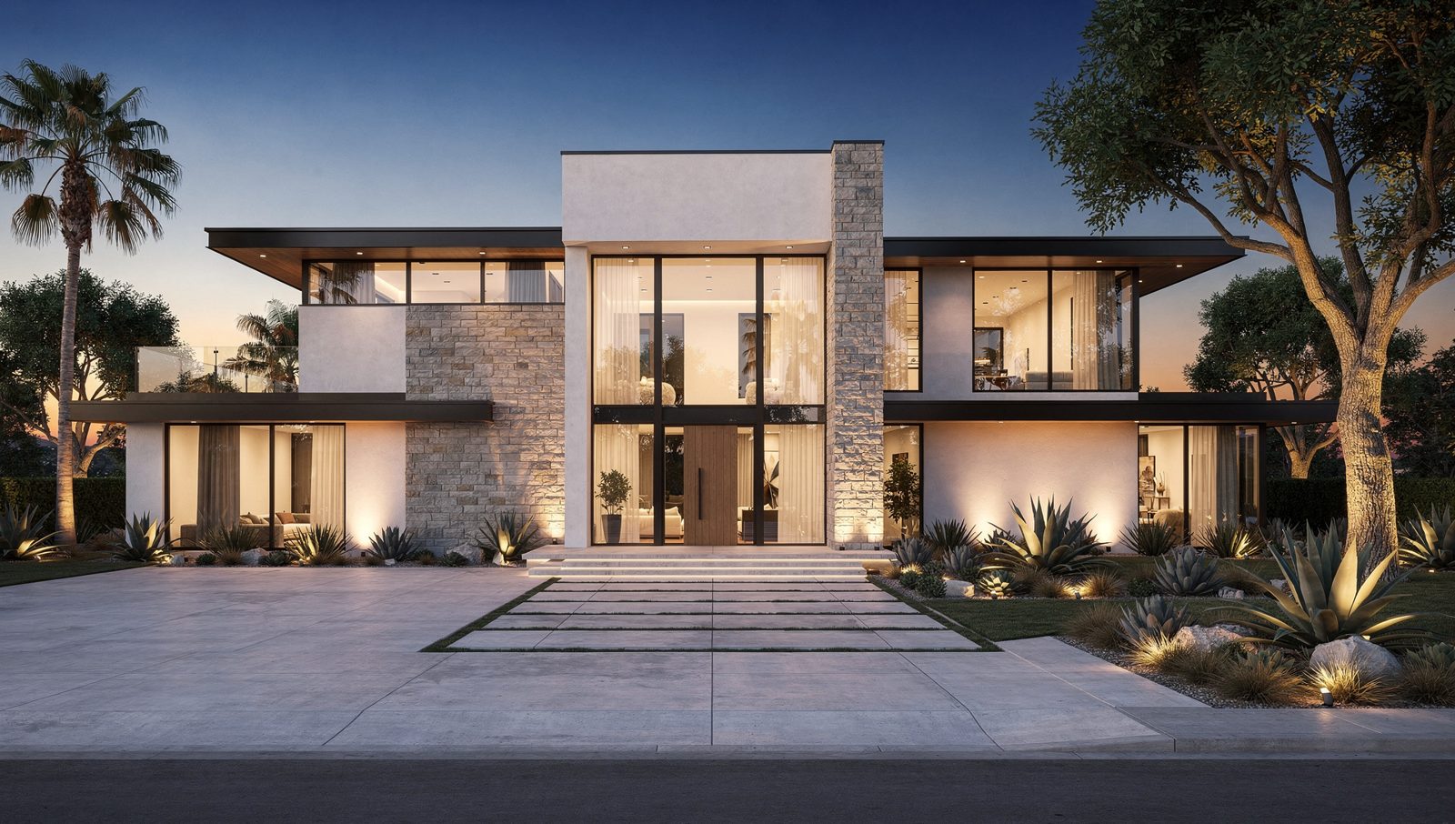 3D architectural rendering of a luxury San Diego custom home at dusk illustrating rendering value