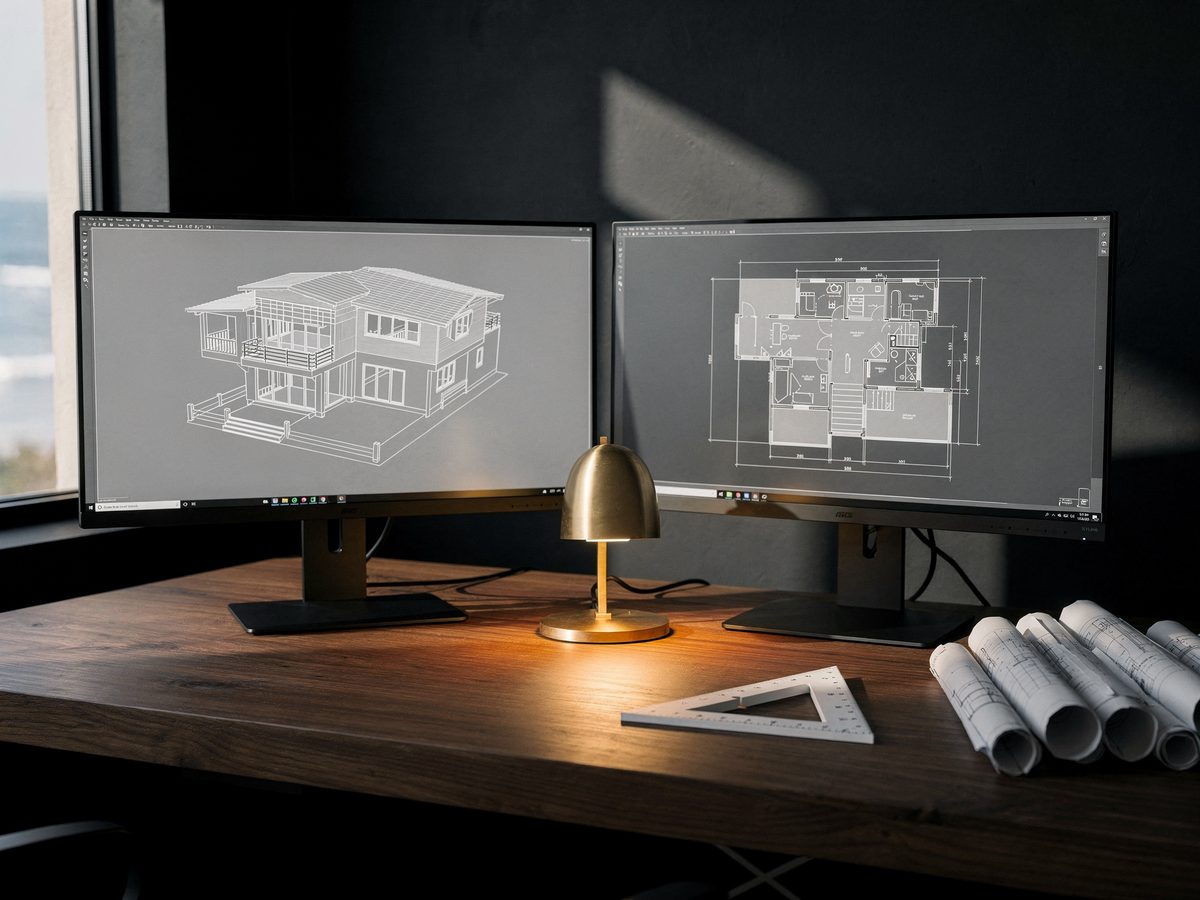 Architect’s workstation showing a 3D wireframe model and CAD floor plan for a San Diego custom home Architect’s workstation showing a 3D wireframe model and CAD floor plan for a San Diego custom home