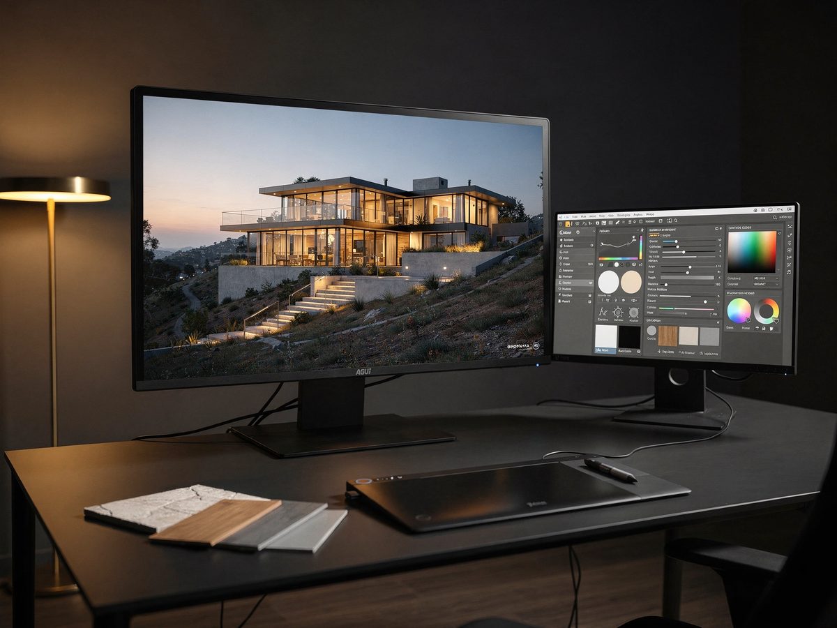 Color-calibrated monitor displaying a photorealistic dusk exterior rendering of a Southern California hillside home Color-calibrated monitor displaying a photorealistic dusk exterior rendering of a Southern California hillside home