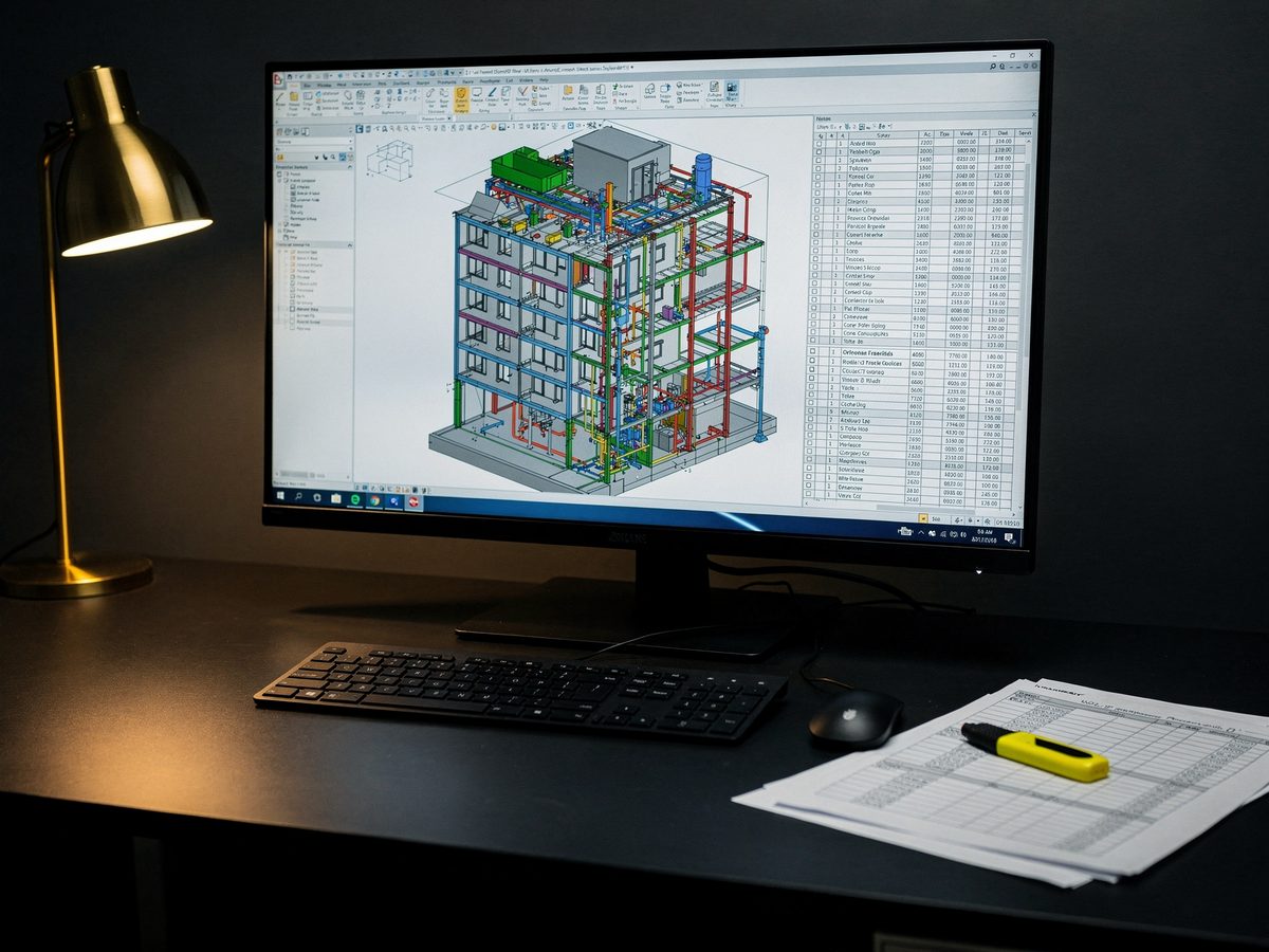 Revit BIM model with a material quantity schedule and printed takeoff sheets on the desk Revit BIM model with a material quantity schedule and printed takeoff sheets on the desk