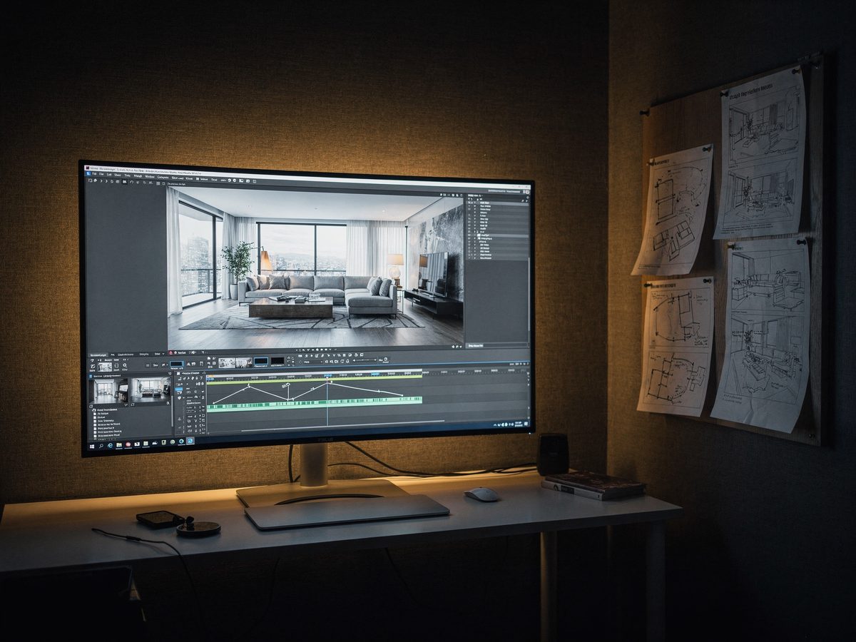 Editing suite with an architectural fly-through animation and video timeline on an ultrawide monitor Editing suite with an architectural fly-through animation and video timeline on an ultrawide monitor
