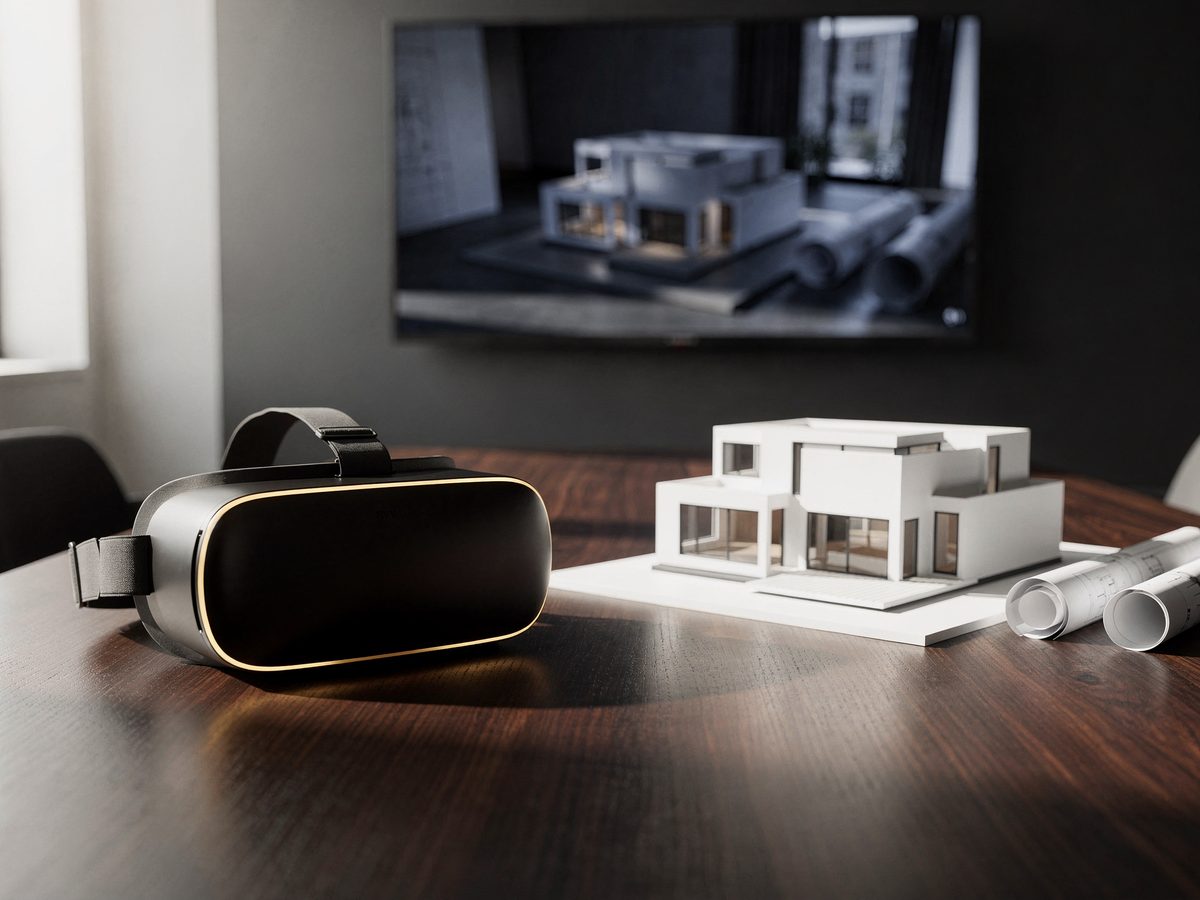 Standalone VR headset beside a white physical scale model on an architecture studio presentation table Standalone VR headset beside a white physical scale model on an architecture studio presentation table