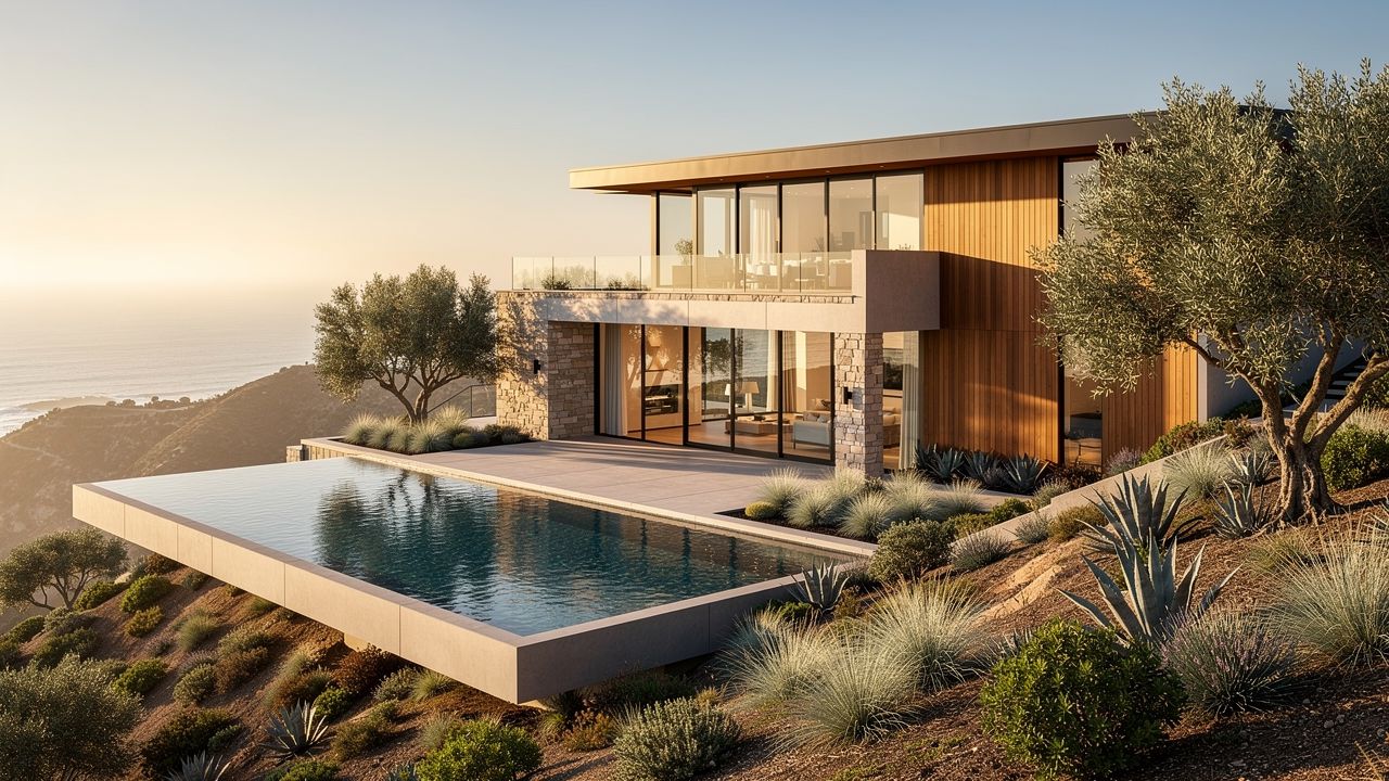 Luxury home 3D rendering of a modern Southern California hillside estate at golden hour
