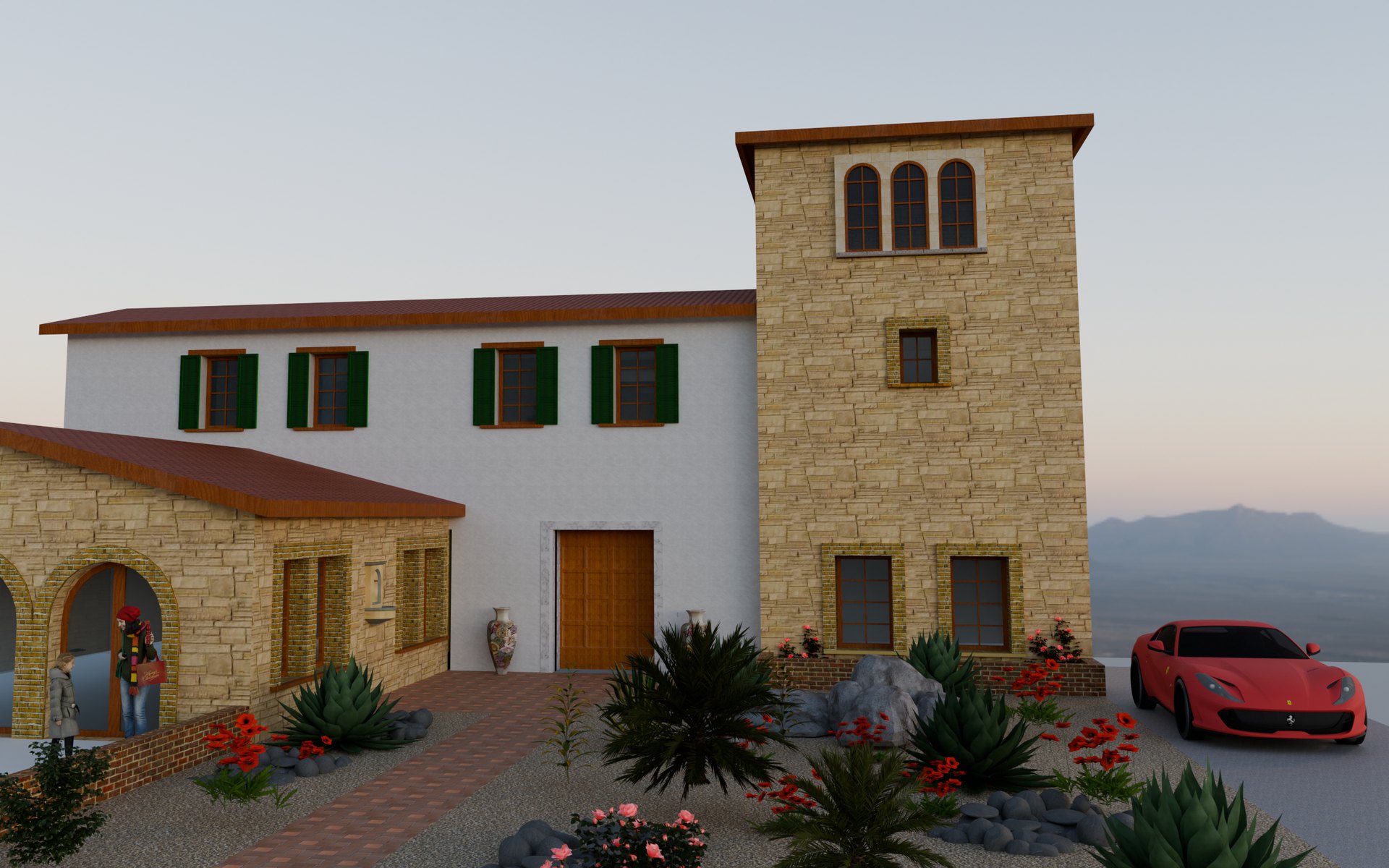Mediterranean Hillside Villa – Exterior Dusk Rendering Photorealistic exterior 3D rendering of a Mediterranean hillside villa at dusk with a stone tower, green shutters and drought-tolerant landscaping