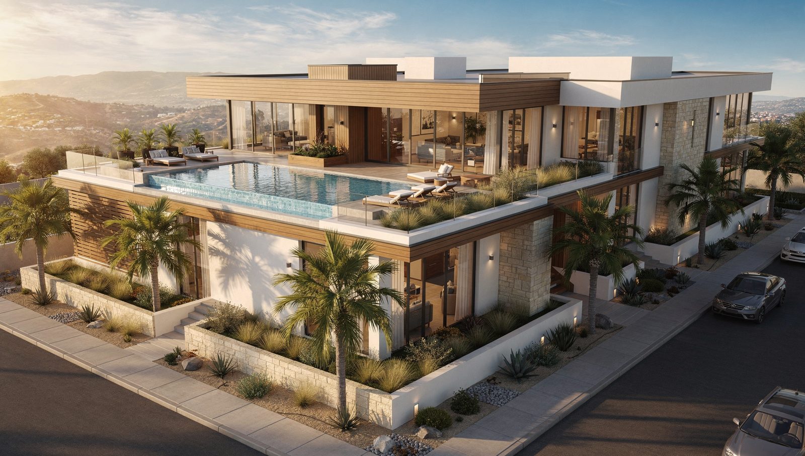 Pre-construction 3D rendering of a modern Southern California residential development at golden hour