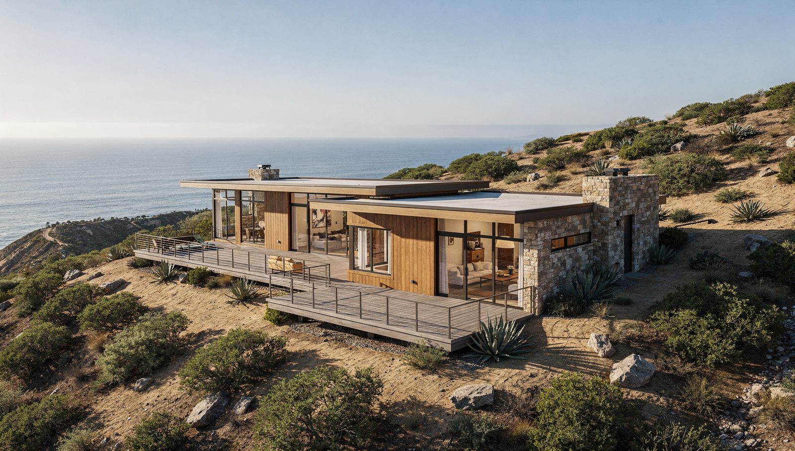 Aerial site-context 3D rendering of a modern home on a coastal hillside lot overlooking the Pacific Ocean