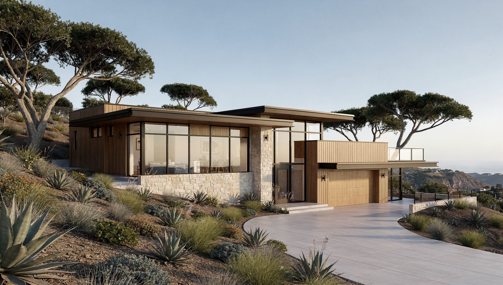 Photorealistic 3D exterior rendering of a hillside modern home developed from AutoCAD drawings