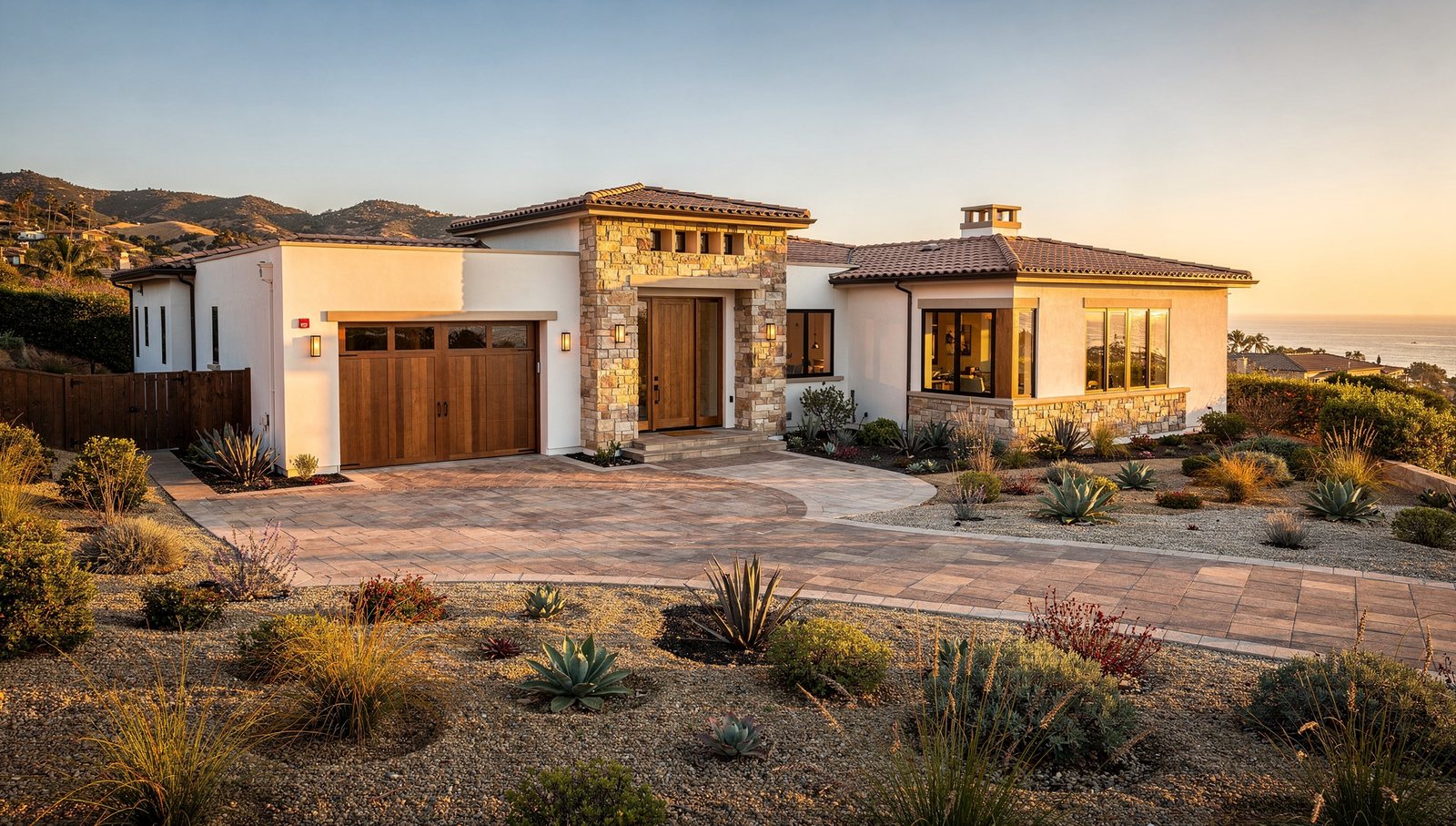 Carmel Valley architectural rendering of a modern Mediterranean custom home at golden hour