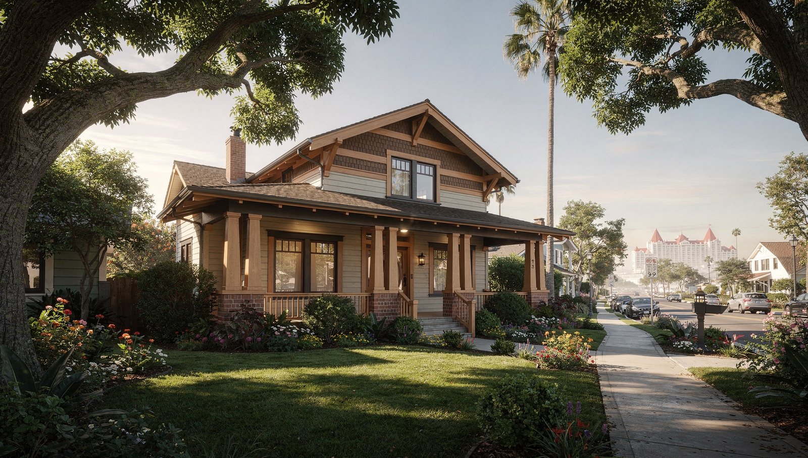 Coronado architectural rendering of a restored Craftsman home on a tree-lined street