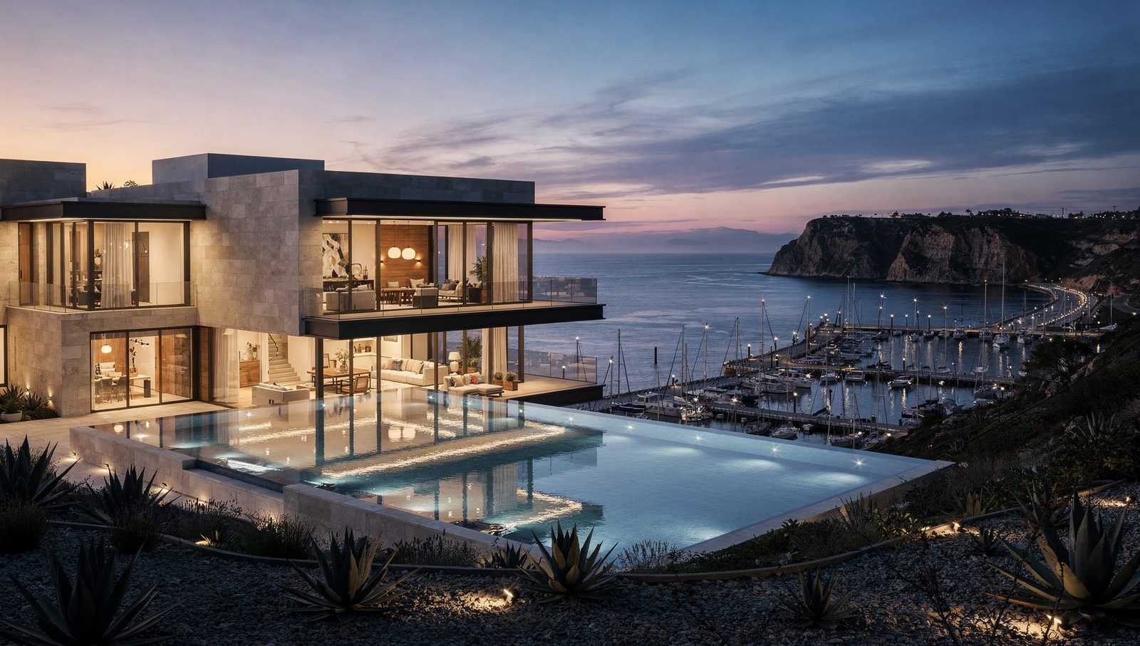 Dana Point architectural rendering of a contemporary blufftop estate above the harbor at dusk