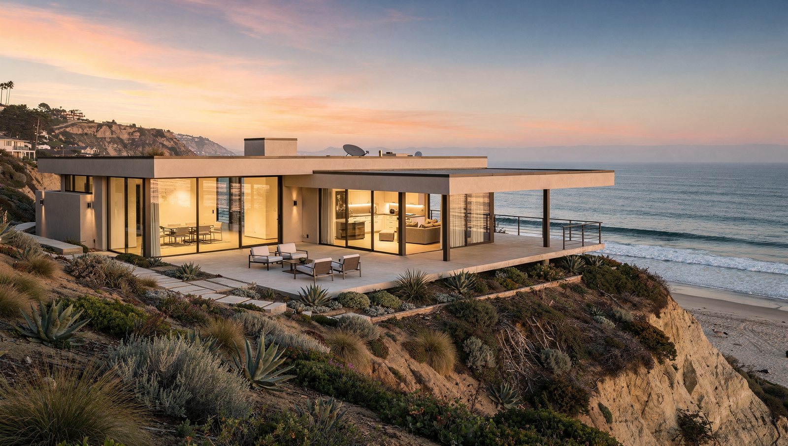 Del Mar architectural rendering of a coastal contemporary bluff-top home at sunset