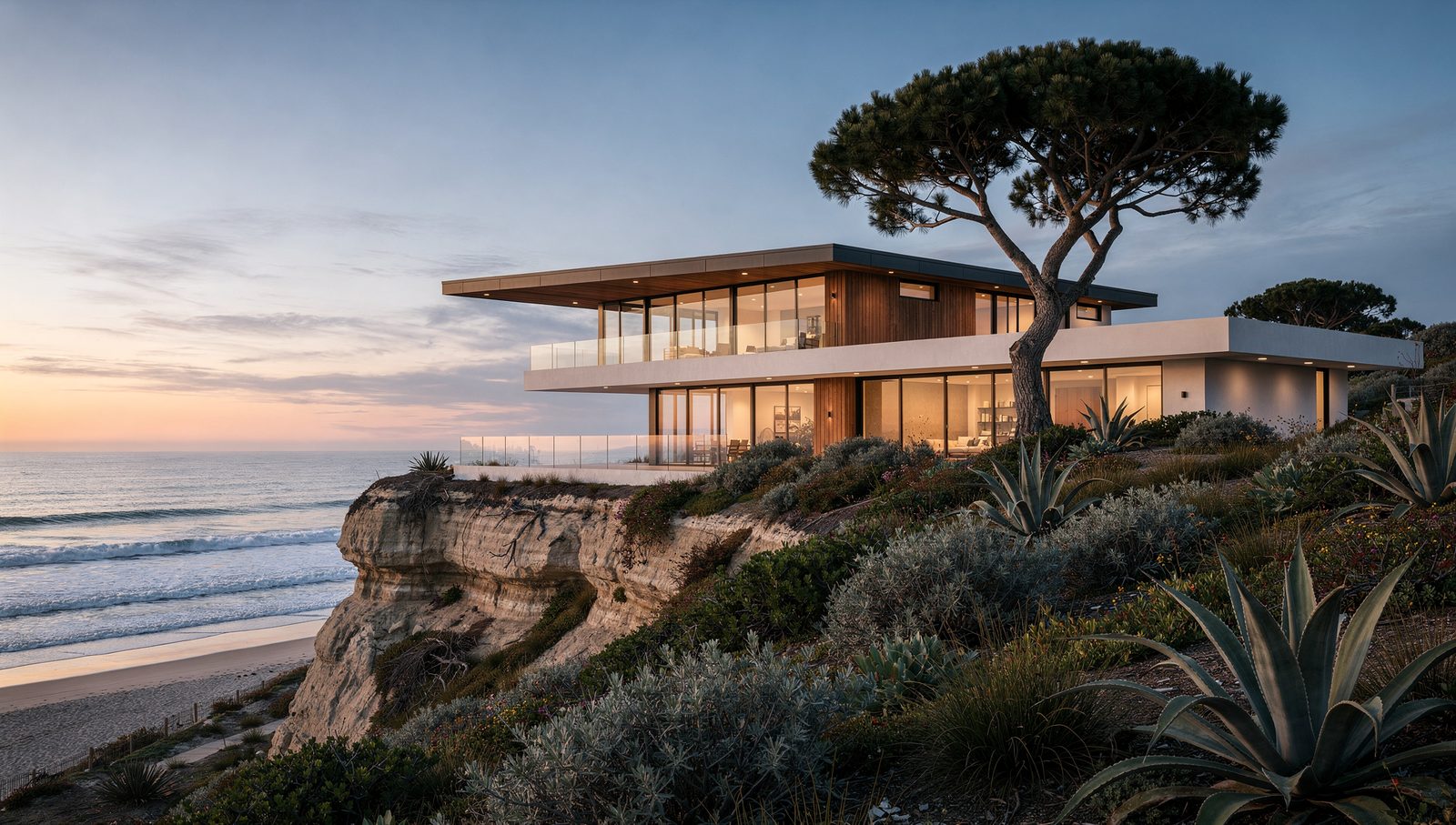 Encinitas architectural rendering of a low modern bluff-top beach home above Moonlight Beach at dusk