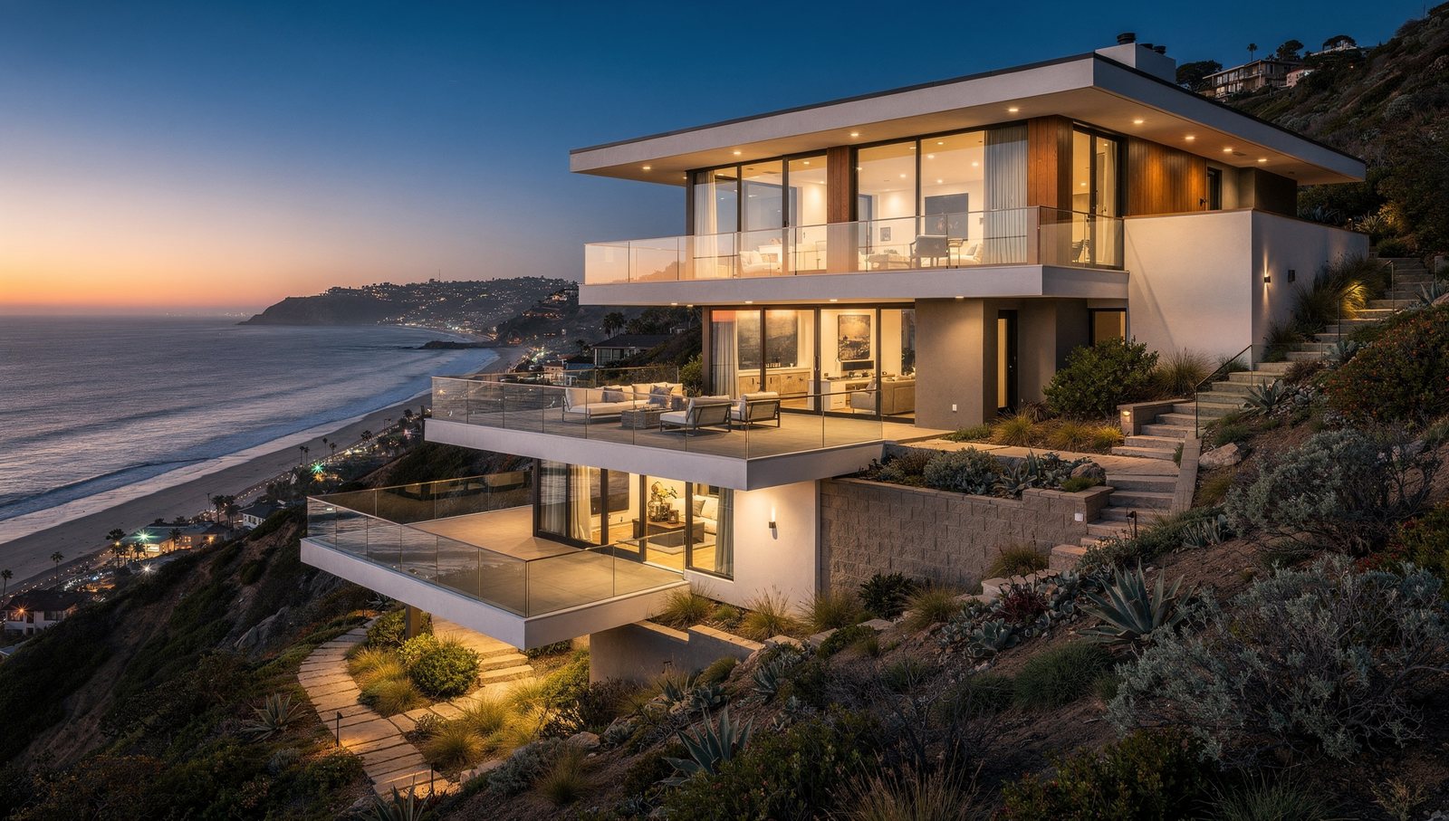 Laguna Beach architectural rendering of a contemporary hillside home above the coast at dusk
