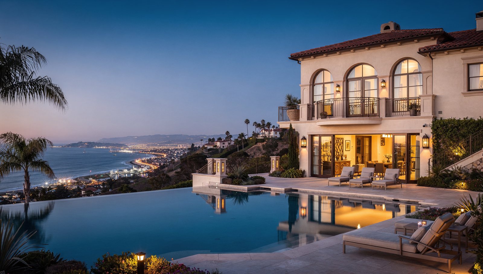 Newport Beach architectural rendering of a Mediterranean coastal estate at dusk
