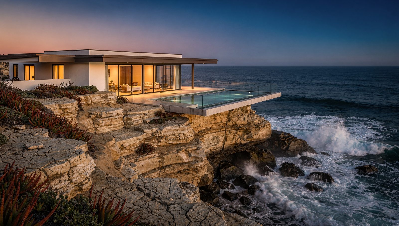 Point Loma architectural rendering of a low modern home on Sunset Cliffs with the San Diego skyline beyond at dusk