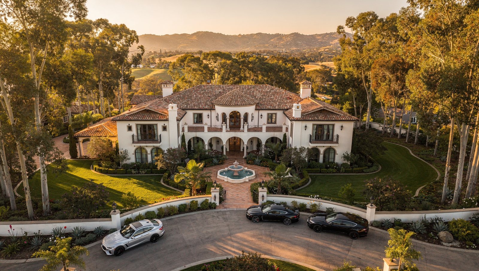 Rancho Santa Fe architectural rendering of a Spanish Colonial estate at golden hour