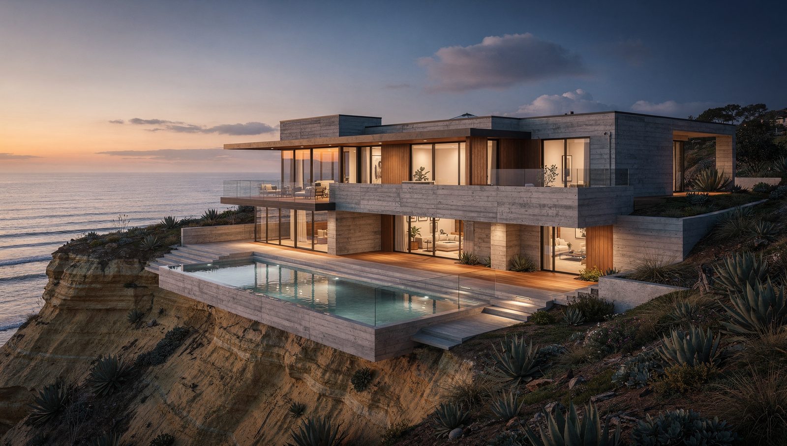 Solana Beach architectural rendering of a stepped contemporary bluff home above Fletcher Cove at dusk