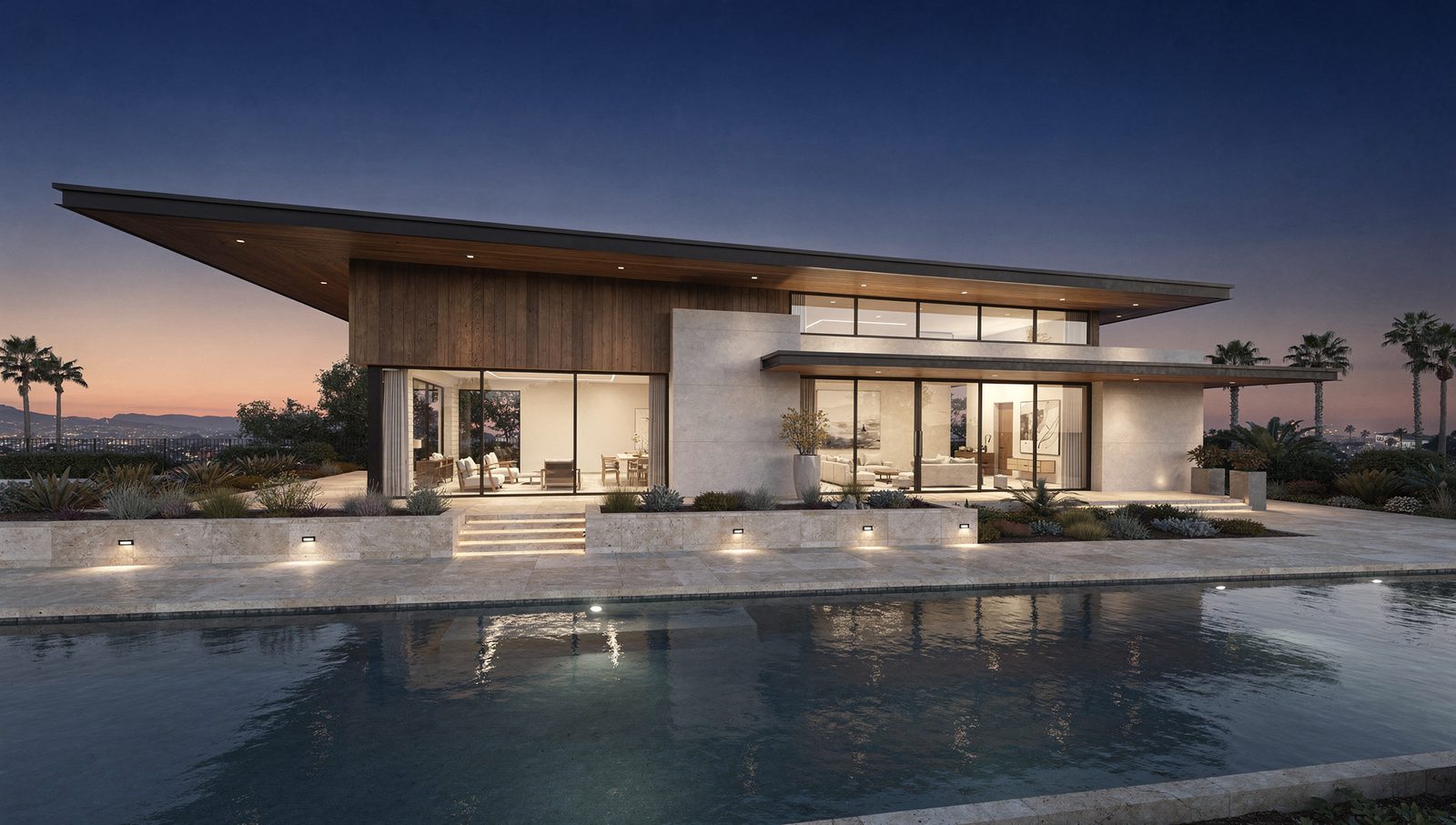Twilight exterior 3D rendering of a modern luxury home with glowing interiors reflected in a pool at dusk